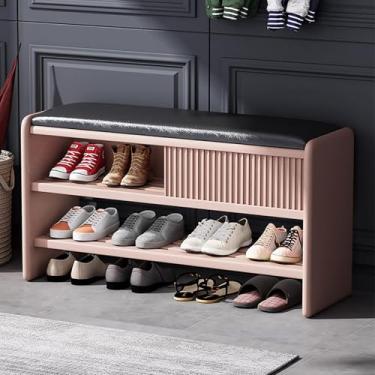 Imagem de Banco moderno de armazenamento de sapatos, banco de entrada de madeira com almofada de couro, banco estofado para sapatos, armário, corredor, organizador de sapatos