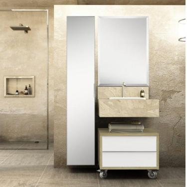 Imagem de Conjunto Max 60cm para Banheiro com Espelho, Gaveteiro, Bancada com Cuba e Armário Vertical Bumi Travertino