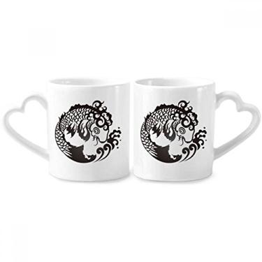Imagem de Conjunto de canecas de porcelana para casal, desenho de linha, padrão de onda de peixes, coração de cerâmica