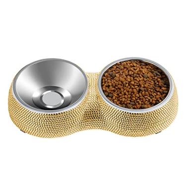 Imagem de eing Tigelas duplas de água e comida para cães tigelas de aço inoxidável com estação de resina antiderrapante e strass brilhante, tigelas de alimentador para animais de estimação para filhotes, cães médios e gatos, filhotes de estimação, dourado