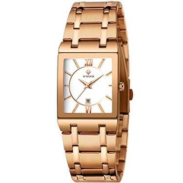 Imagem de Relógio quadrado masculino e feminino de aço inoxidável com data, à prova d'água, analógico, quartzo, moderno, casual, para negócios, Ouro rosa/branco