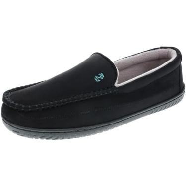 Imagem de IZOD Pantufa masculina clássica de dois tons de mocassin, chinelos quentes de inverno com espuma de memória, tamanho 8 a 13, Solid Black, 11-12