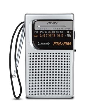 Imagem de Coby Rádio AM/FM portátil, rádio de bolso retrô para uso interno ou externo, essencial para preparação de emergências, bateria de 800 horas, alto-falantes potentes, antena integrada, prata