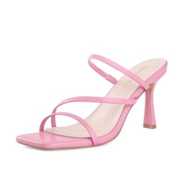 Imagem de Shoe'N Tale Sandálias femininas salto gatinho com tiras stiletto mules bico aberto quadrado sem cadarço, rosa, 38