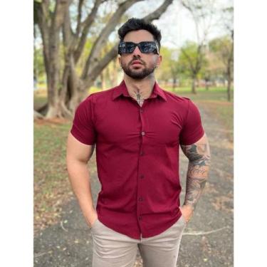 Imagem de Camisa Social Lisa Masculina Manga Curta Slim Fit - Volgue, Vinho, M