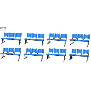 Imagem de Kit com 8 Cadeiras Longarina plástica 03 Lugares Cor Azul Mastcmol