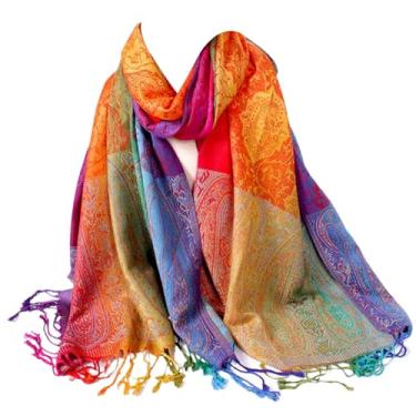 Imagem de Cachecol para mulheres|Cachecóis femininos macios e modernos xaile colorido padrão de caju cachecol de viagem com franjas xale de cetim luxuoso para mulheres presentes elegantes