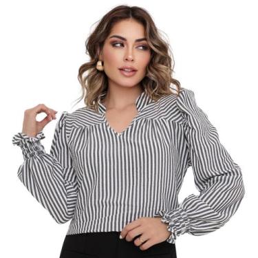 Imagem de Blusa Manga Longa Feminina Listrada Social Gola V Bufante - LOOK MODAS