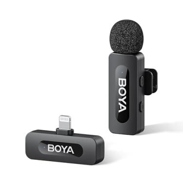 Imagem de BOYA Microfones sem fio by-V1 para iPhone iPad com porta Lightning certificada MFi, alcance de 100 metros, vida útil da bateria de 9H, mini microfone de redução de ruído, clipe de lapela sem fio para