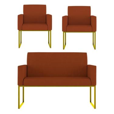 Imagem de Kit Sofá 2 Lugares + 2 Poltronas Recepção Sala Base Dourada Cor:terracota Terracota