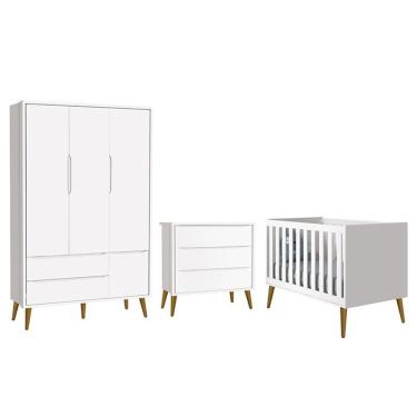 Imagem de Dormitório Infantil Theo Retrô 3 Portas, Cômoda E Berço Branco Fosco Com Pés Amadeirado - Reller Móveis Branco Fosco