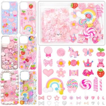 Imagem de Kit de berloques de lixo, lindos pingentes de arco-íris doces para lixo, capas de telefone 3D mistas pérola estrela charme resina cor rosa urso arco flor pirulito slime charme para artesanato DIY