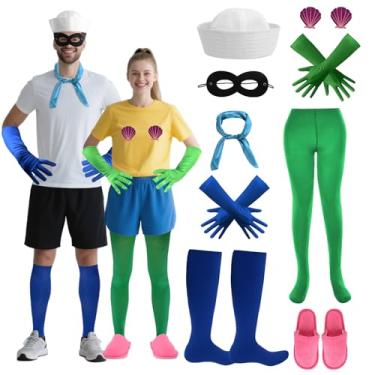Imagem de ANLIOTO 9 peças de fantasia de casal de Halloween, acessório de fantasia de marinheiro de sereia de Halloween, luvas longas de cetim, chapéu de capitão, chinelos, meias para homens e mulheres, cosplay