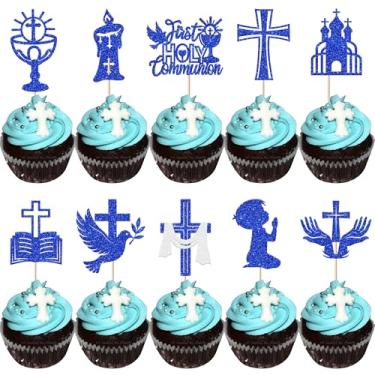 Imagem de 30 Pack Boy First Holy Communion Cupcake Toppers Glitter Cross Bible Cupcake Picks God Bless Cake Decorations for First Communion Baptism Religion Theme Birthday Party Supplies Blue