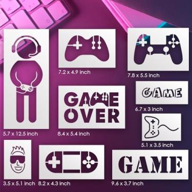 Imagem de STENCILAIR Conjunto de estênceis de sala de jogos – 7 estênceis de jogos de plástico reutilizáveis, vários tamanhos, incluindo gamepad e "Game Over"