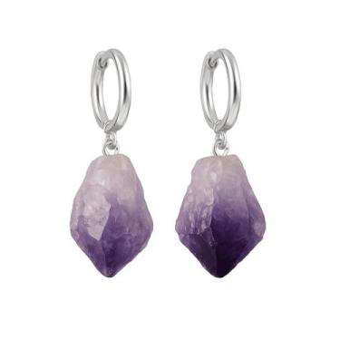 Imagem de Brinco de Argola Ponta de Ametista - Cristal Natural, Prata 925