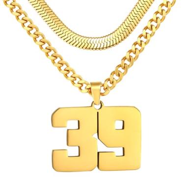 Imagem de Colar de número, colar em camadas para homens, colar com número de jérsei para menino atleta, corrente de aço inoxidável 45,7 cm + 50 cm para homens com pingente de número, colares com números de