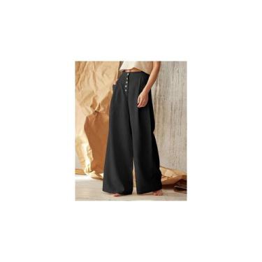Imagem de Calças casuais de algodão e linho de cintura alta para mulheres - pret