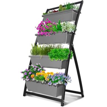 Imagem de Suporte para flores Vasos de flores, canteiro elevado 4 pés - plantadores elevados autônomos jardim vertical, caixas recipientes, vasos(Gray)