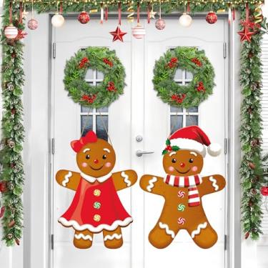 Imagem de 2 peças de placa de pendurar de Natal de pão de gengibre de 58 cm placas de madeira para porta da frente placas de boas-vindas de madeira rústica de Natal para Natal, casa, varanda, parede, quintal
