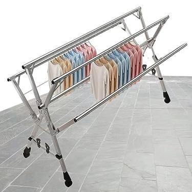Imagem de CUTPOIY Escorredor de roupas dobrável ao ar livre, suporte de roupas sobre rodas resistente, comprimento ajustável, economiza espaço com 5 varetas, suporte de lavanderia de aço inoxidável (160 cm/63