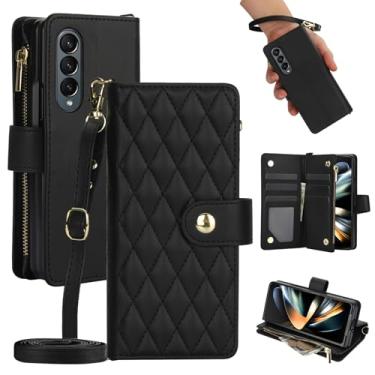 Imagem de Asuwish Capa de telefone para Samsung Galaxy Z Fold 4 5G 2022 com carteira com zíper, compartimento para cartão, suporte, alça de pulso, acessórios para celular ZFold4 Z4 Fold4 ZFold 4Z ZFold45G