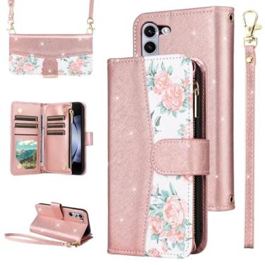 Imagem de Furiet Capa carteira floral para Samsung Galaxy Z Fold 2 5G 2020 com zíper alça de ombro, suporte de cartão com glitter de luxo para ZFold2 Z2 Fold2 ZFold2 ZFold25G feminino ouro rosa