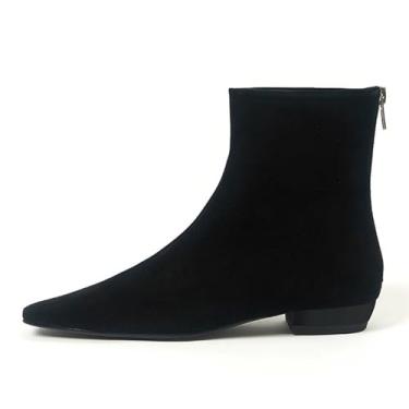 Imagem de LEMUTISME Vestido feminino elegante de couro fosco/camurça/estampa animal, casual, salto baixo, cano baixo, botas Chelsea, Camurça preta, 41