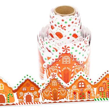 Imagem de Wonmon Rolo de borda de quadro de avisos de Natal, acabamento de borda de casa de pão de gengibre de Natal para sala de aula, escritório, janela, quadro de avisos, decoração de festa de aniversário