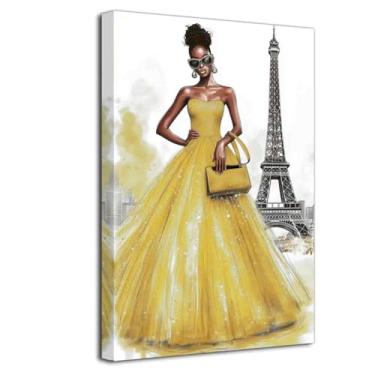 Imagem de LZIMU Arte de parede de Paris, fotos de mulheres negras, pinturas da Torre Eiffel, preto e branco, impressões em tela afro-americana, pôster moderno para decoração de quarto de meninas emoldurado