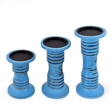 Imagem de Hanol Conjuntos de castiçais trio de castiçais azuis feitos à mão de madeira de manga para decoração de mesa costeira, fazenda, vintage e decoração de casa de fazenda