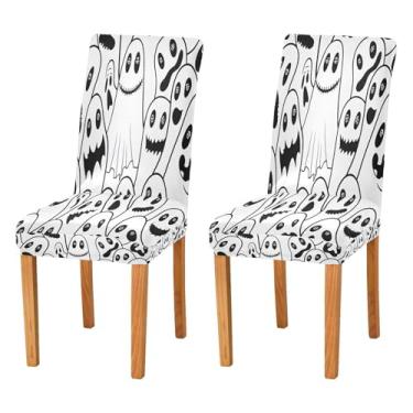 Imagem de Qilmy Conjunto de 2 capas de cadeira de jantar elásticas fofas de Halloween Boo, laváveis e removíveis, para sala de jantar, cozinha, hotel, banquete, festa, protetores de cadeira