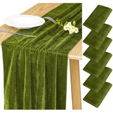 Imagem de JALANCY Caminho de mesa de veludo 50 x 300 cm, 3 m, luxuoso, grosso, veludo macio, Natal, Ação de Graças, casamento, recepção de casamento, decoração de recepção de festa (verde-oliva, pacote com 6)