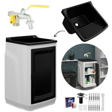 Imagem de Gabinete Para Lavanderia Com Tanque Preto 01 Porta + Torneira Com Duas Saídas Metal + Fita Veda Rosca