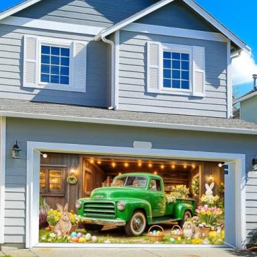 Imagem de Capa de porta de garagem de caminhão de páscoa verde 4,6 x 1,8 m decoração de bandeira primavera ovos de páscoa celeiro porta de madeira decoração de porta de garagem coelho bonito coelho carro flor