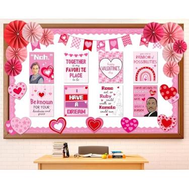 Imagem de Conjunto de quadro de avisos do Dia dos Namorados do mês da história negra com fãs de papel 3D, decoração de sala de aula afro-americana, citações inspiradoras, recortes de coração para escola, casa