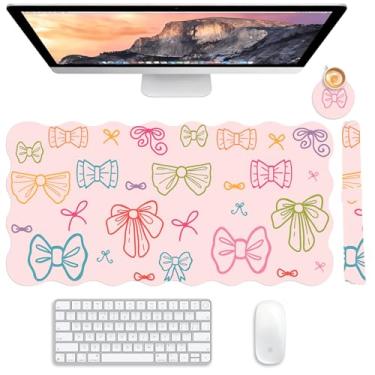 Imagem de Tapete de mesa feminino com laço de 80 x 39,9 cm, antiderrapante, de couro sintético, com porta-copos e alça de armazenamento, decoração estética para trabalho, jogos, casa, escritório