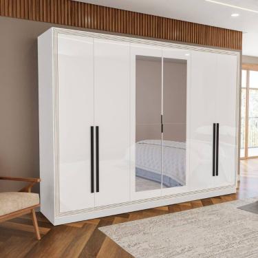 Imagem de Guarda Roupa Roupeiro 6 portas 4 gavetas com Espelho Valência Branco Politorno Móveis