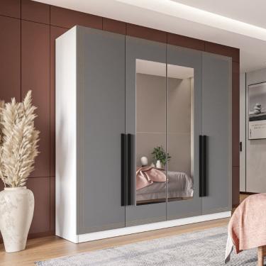 Imagem de Guarda Roupa Roupeiro 4 portas 4 gavetas com Espelho Valência Branco Cinza Politorno Móveis