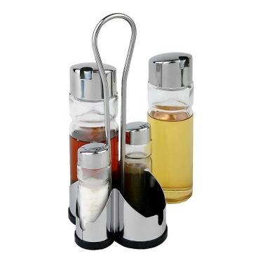 Imagem de 2X Galheteiro De Vidro Com Suporte E Tampas Cromadas Azeite