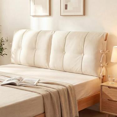 Imagem de Tegeme Capa de cabeceira com tiras de amarrar, capa completa, almofada de cabeceira para cama king queen size, cama de madeira com moldura de metal (branco cremoso, 199 x 60 x 10 cm)