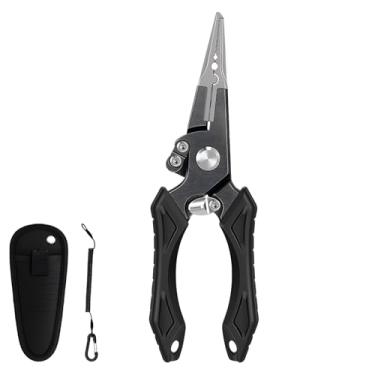 Imagem de LUMINFLY Alicate de pesca com cortador de carboneto de tungstênio, corpo de alumínio, removedor de anzol, garras serrilhadas, cordão e bainha