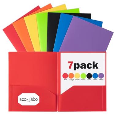 Imagem de BOOMIBOO Pastas de plástico colorido com bolsos (pacote com 7, cores sortidas), pastas de arquivo resistentes duráveis com compartimento para cartão de visita, 2 pastas de bolso para trabalho escolar