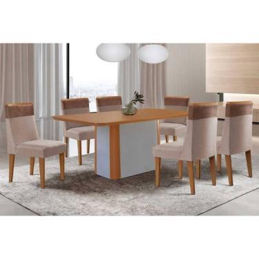 Imagem de Conjunto: Mesa Sala Jantar Pietá Tampo Curvo 180cm+6 Cadeiras Jaspe Madeira Naturale/Off White - Capuccino/Suede Capuccino - Rufato