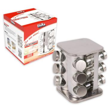 Imagem de Porta Condimentos e Temperos Giratório com 12 Potes em Aço Inox e Vidro