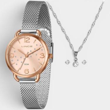 Imagem de Kit Relógio Lince Analógico Pulseira Mesh + Colar e Brinco Feminino - 