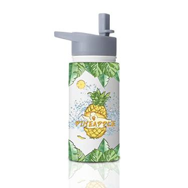 Imagem de Weboia Garrafa de água infantil de aço inoxidável isolada com tampa de palha boca larga garrafas de água esportivas de metal com paredes duplas térmicas à prova de vazamento com para meninos e meninas escola (pato de abacaxi, 425 g)