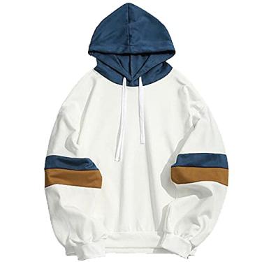 Imagem de Moletom masculino casual com estampa de retalhos de cores contrastantes, pulôver de manga comprida, bolso frontal, roupas de outono, Branco, XX-Large