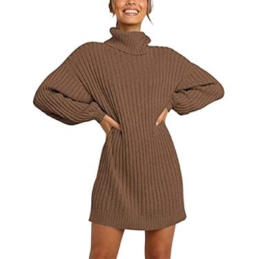 Imagem de Vestido feminino solto de gola rolê suéter de manga comprida vestido de suéter outono inverno sólido vestido midi grande, Marrom, M