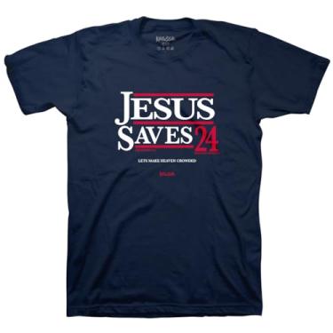 Imagem de Kerusso Camiseta Jesus Saves 24 Hours A Day 7 Days A Week Let's Make Heaven Crowded azul marinho gola redonda, Azul marinho, GG